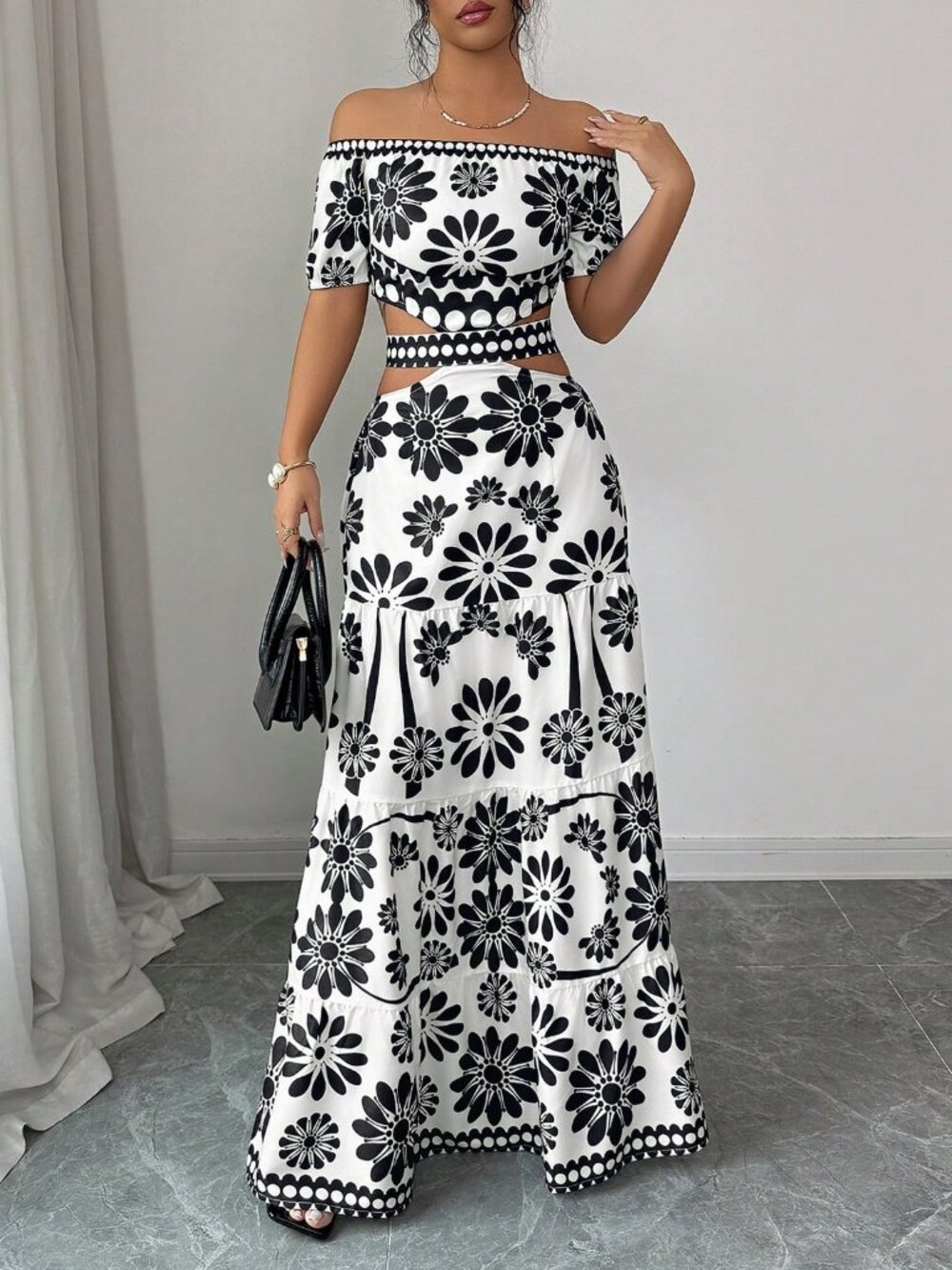 Black White Floral Off Shoulder Boho Resort Cutout Maxi Dress